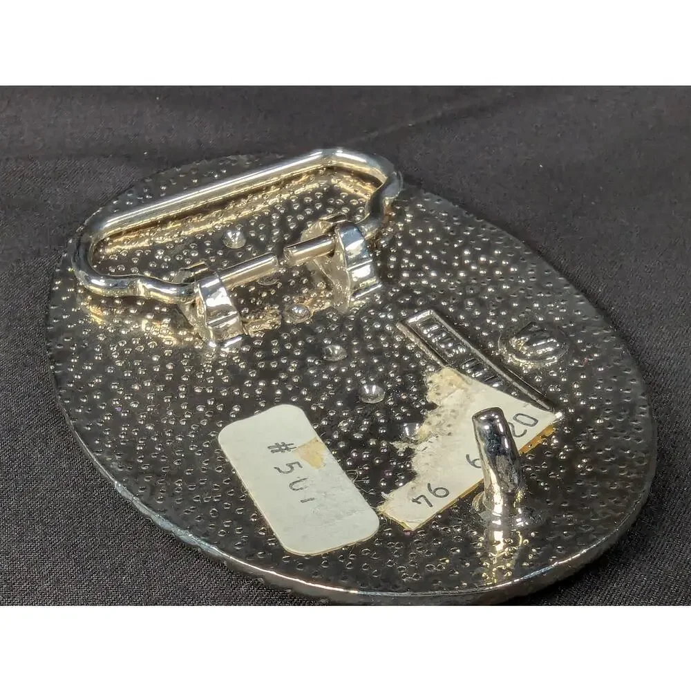 Vintage 1970s Western Belt Buckle Silver Tone Horse Motif Rope Border USA Made
